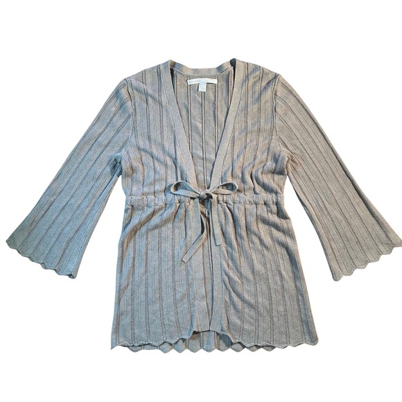 Vintage Gray Ribbed Knit Tie Waist Scalloped Hem Cardigan Sweater Small Y2K 90s - Picture 3 of 16
